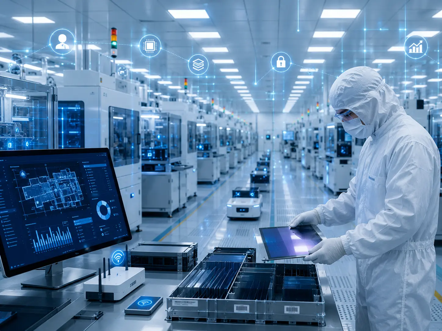 Cleanroom technician working in a display fabrication facility