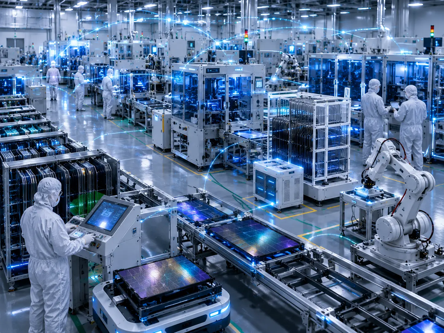 Production equipment and process areas inside a display fabrication facility
