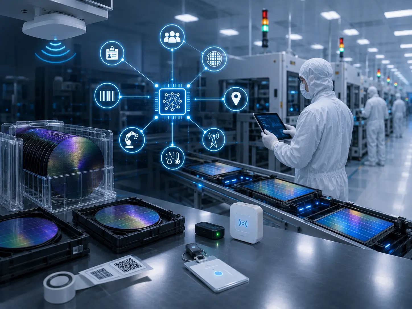 RFID and sensor infrastructure inside a display fabrication cleanroom